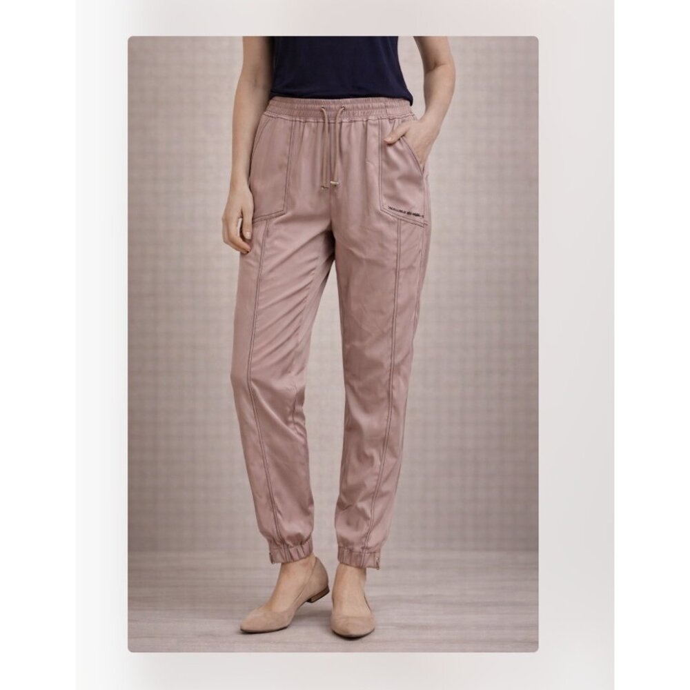 Maniere De Voir Pants Womens 10 Pink Satin Jogger Elastic Waist Zip Ankle
